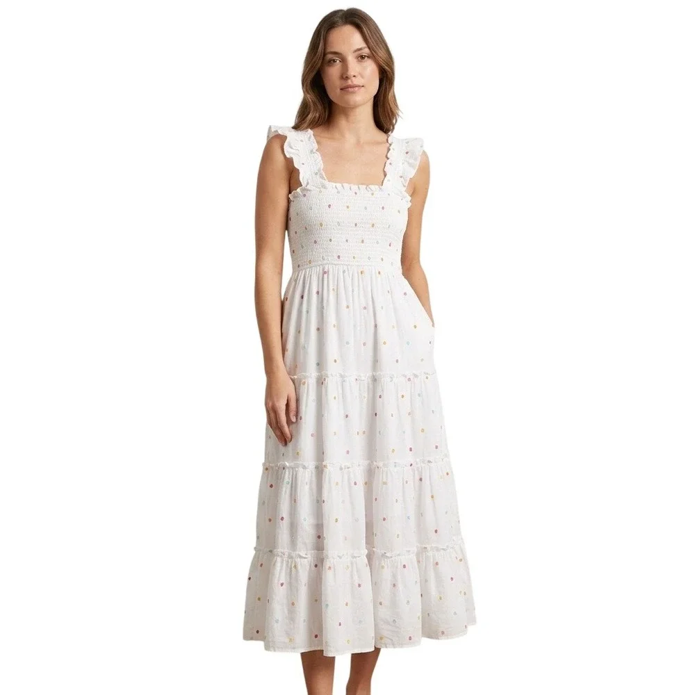 Crown & Ivy Women Size Small White Clip Dot Smocked Tiered Sleeveless Midi Dress